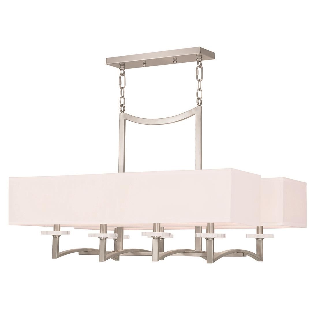 Shown in Brushed Nickel finish and Hand Crafted Off-White Fabric Hardback shade 